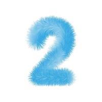 Furry number 2 font vector. Easy editable digit. Soft and realistic feathers. Number 2 with blue fluffy hair isolated on white background. vector