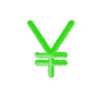 Yen symbol currency grassy and furry icon. Japan yen economy and trade hairy currency. Easy editable money symbol. Soft and realistic feathers. Fluffy green isolated on white background.