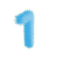 Furry number 1 font vector. Easy editable digit. Soft and realistic feathers. Number 1 with blue fluffy hair isolated on white background. vector