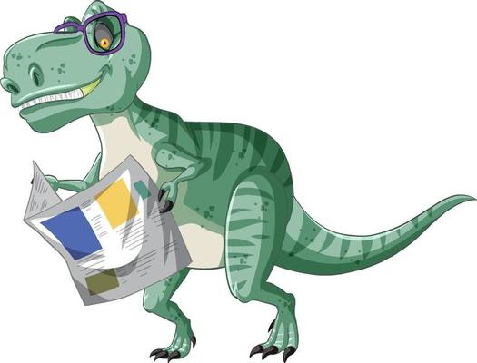 Tyrannosaurus rex dinosaur reading newspaper in cartoon style