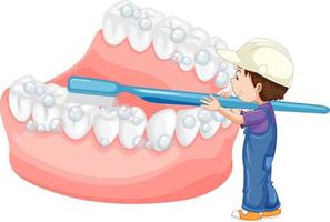 niño feliz cepillando dientes blanqueados con un cepillo de dientes sobre fondo blanco vector