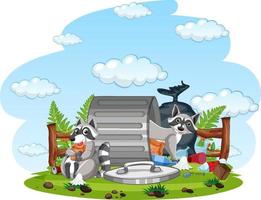 Scene with raccoons by the trashcan vector