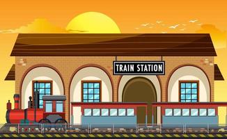escena de la estación de tren con locomotora de vapor vector