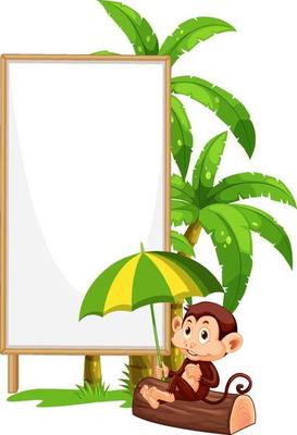 Blank wooden signboard with monkey catoon