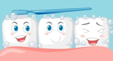 Happy tooth brushing itself with a toothpaste on blue background vector