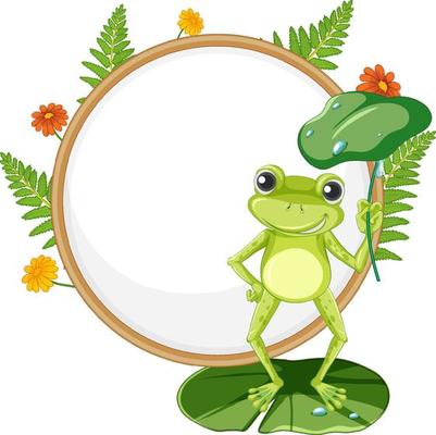 Blank wooden signboard with frog in cartoon style