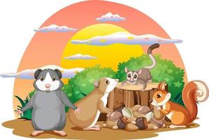 Isolated scene with different cute animals vector