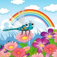 Flower field with cartoon dragonfly vector