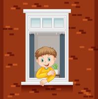 View through the window of a boy cartoon character vector