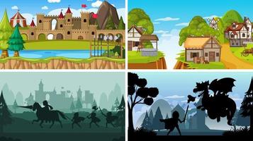 Set of different scene medieval with silhouette vector