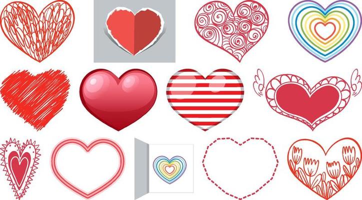 Different style of hearts isolated on white background