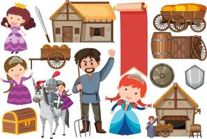 Medieval characters buildings set vector