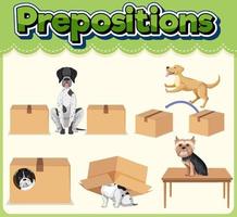 wordcard de preposición con perro y caja vector