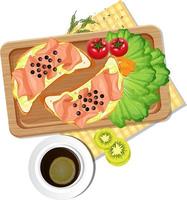 Top view of breakfast on wooden tray vector