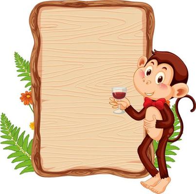 Blank wooden signboard with cute monkey