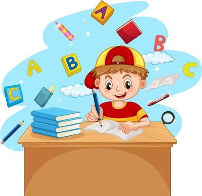 A boy doing homework with books on white background