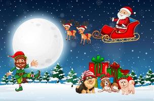 Snowy winter night with Santa Claus on sleigh vector