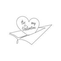 Paper airplane with heart, be my valentine concept drawn by one line. Romantic sketch. Sending a Valentine for a loved one. Continuous line drawing art. Invitation design. Cute vector illustration.