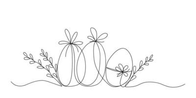 Easter holiday eggs with plant branches drawn by one line. Happy Easter concept. Greeting banner design. Minimalist art. Vector illustration.