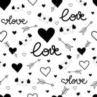 Vector illustration of a cute simple seamless pattern with black elements in honor of Valentine's Day on a white background. Hearts, arrow, winged letter, in flat style.