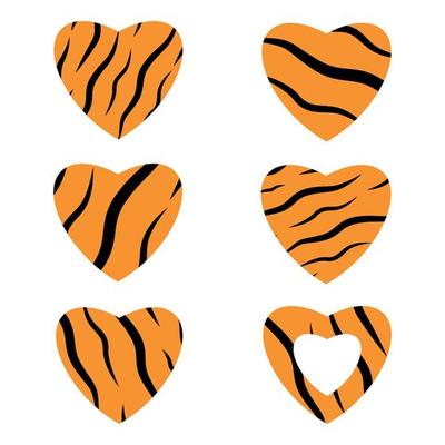 Set of abstract different hearts with tiger pattern. Animal skin. Love symbol. Stickers, print for t-shirt design. Vector illustration.