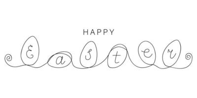 Happy Easter text with rolling eggs drawn by one line. Festive sketch. Horizontal greeting banner. Minimalist art. Simple vector illustration.