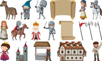 Medieval characters buildings set vector