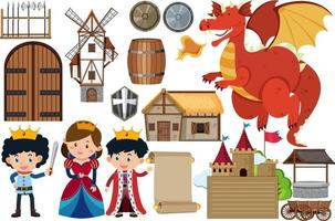 Medieval characters buildings set vector