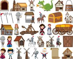 Medieval characters buildings set vector