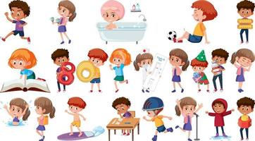 Set of children doing different activities on white background vector