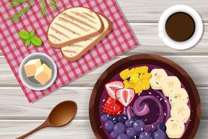 Top view Acai food bowl and placemat on wood table vector