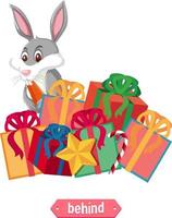 Preposition wordcard with rabbit and presents vector