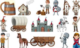 Medieval characters buildings set vector