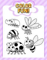 Worksheets template with color fun text and insect outline vector
