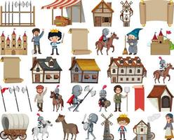 Medieval characters buildings set vector