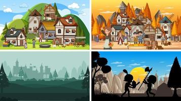 Set of different scene medieval with silhouette vector