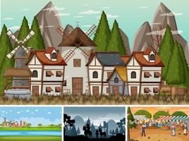 Set of different scene medieval with silhouette vector