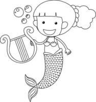 Mermaid play the harp black and white doodle character vector