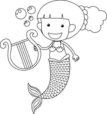 Mermaid play the harp black and white doodle character