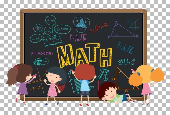 Student in front of blackboard full of math formula grid background