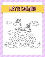 Worksheets template with color time text and Unicorn outline vector