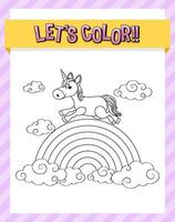 Worksheets template with color time text and Unicorn outline vector