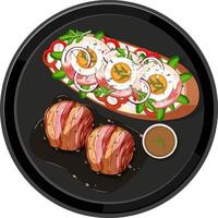 Top view food, fried egg on toast with black plate on white background vector