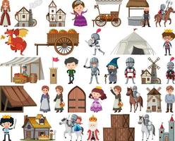 Medieval characters buildings set vector