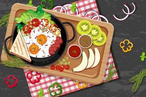 Top view of breakfast on a wooden tray vector