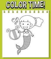 Worksheets template with color time text and Mermaid outline vector