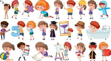 Set of children doing different activities on white background vector