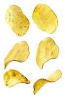 Potato chips isolated on an isolated white background. Levitating crisps.