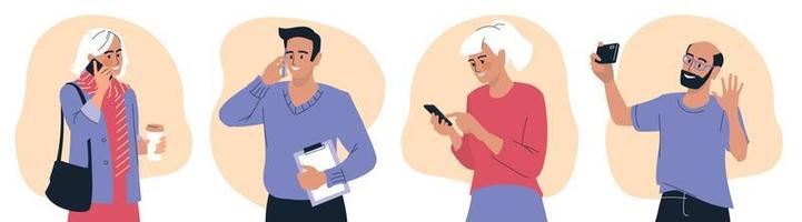 People with phone. A woman is talking on the phone, a man is calling on the phone. Set of vector images.