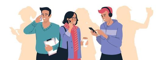 People with phone. A woman is talking on the phone, a man is calling on the phone, a guy is listening to music on the phone. Vector image.